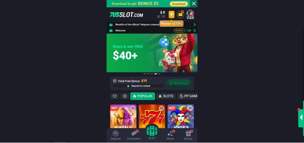 Screenshot of Homepage of Official Website of 7USSlot