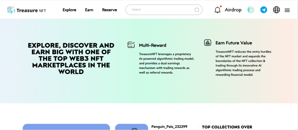 Screenshot of Homepage of Official Website of Treasure NFT